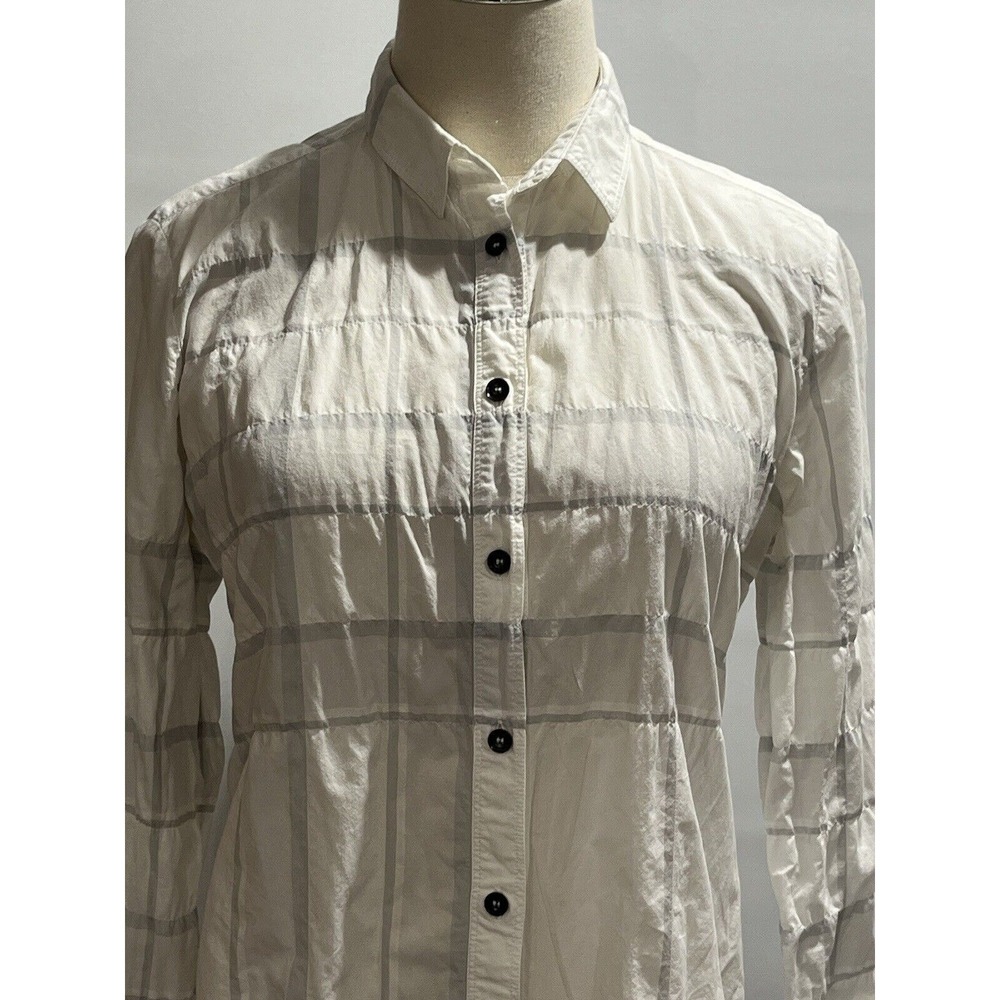 Burberry Brit Button Down Shirt Women's White Grey Plaid Long Sleeve Top Sz Sm